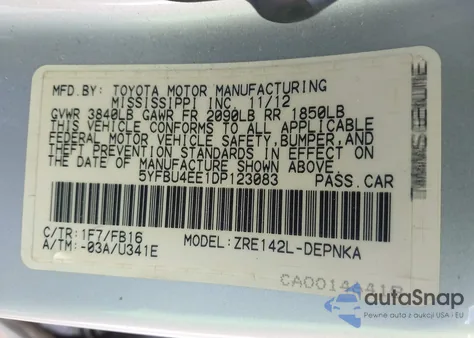 2013 Toyota Corolla Le из США, поврежденный, VIN 5YFBU4EE1DP123083